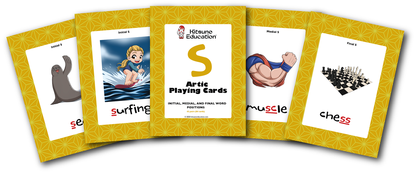 A set of S Artic Playing Cards displayed in a fan-like arrangement, featuring various S consonant sounds and related images such as a seal, surfer, muscle and chess board.